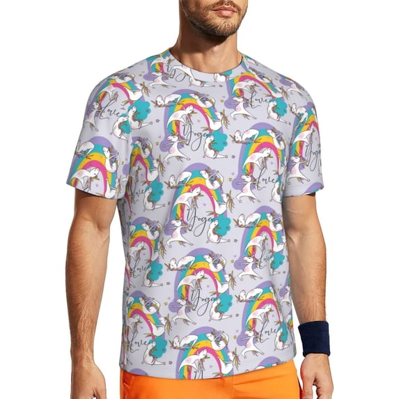 Wukai Unicorn DoingYoga Print Men's Short-Sleeved Mesh T-Shirt,Quick-Dry Short Sleeve Workout T-Shirt-Small