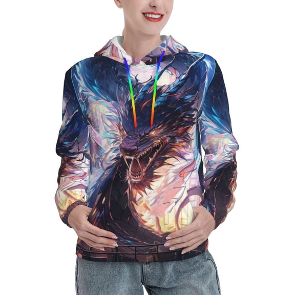 Wukai Urban Style Colorful Dragon Print Womens Hoodies Fleece Sweatshirts Long Sleeve Sweaters Pullover Fall Outfits Winter Clothes-X-Large
