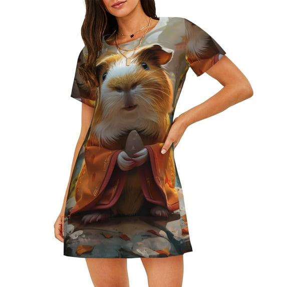 Wukai Valley Meditating Guinea Pig Print Women's Loose Short Sleeve Nightgown, Soft Sleep Dress for Comfortable Relaxation, Casual Lounge Wear