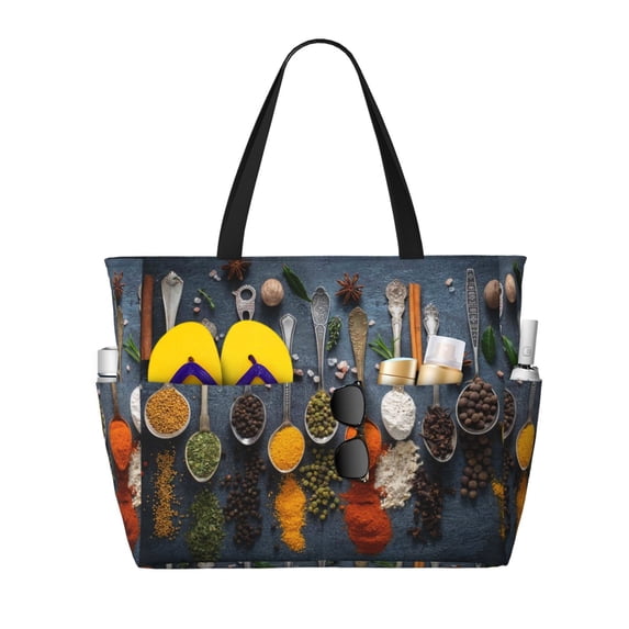 Wukai Various Herbs And Spices In Spoons Print Zipper Bag,large Beach Tote Bag,Waterproof Sandproof Bag,Grocery and Picnic Tote Travel Bag