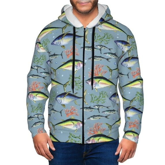 Wukai Various Wild Sea Fish Print Men's Zip-Up Hoodie,Fleece Full-Zip Hoodie for Men, Hooded Sweatshirt-Large