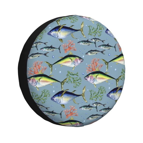 Wukai Various Wild Sea Fish Print Spare Tire Cover for RV Trailer,Waterproof PVC Faux Leather Wheel Cover Fit for Truck,Trailer,RV,SUV,Camper and Most Vehicle-15 inch