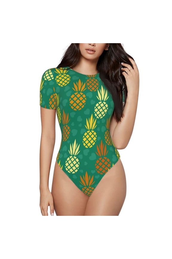 Pineapples1 Women's Short-Sleeved Onesie, One-Piece Swimsuit for Parties, dates, clubs - Large