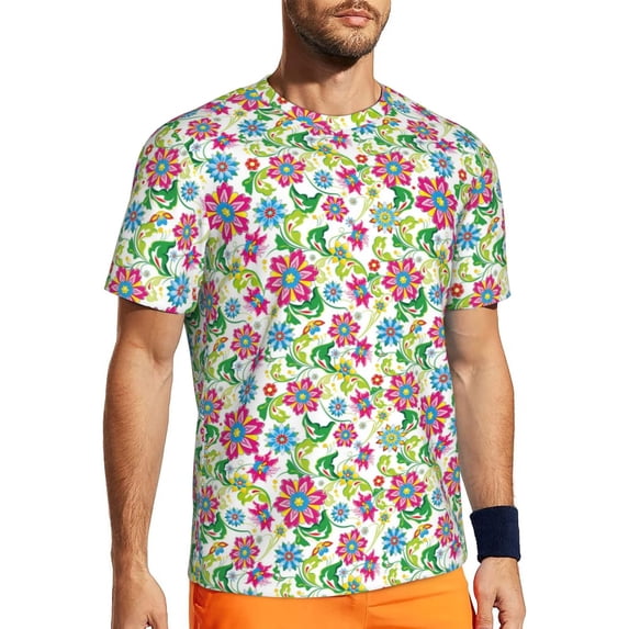 Wukai Vector Mexican Otomi Style Bright Print Men's Short-Sleeved Mesh T-Shirt,Quick-Dry Short Sleeve Workout T-Shirt-Medium