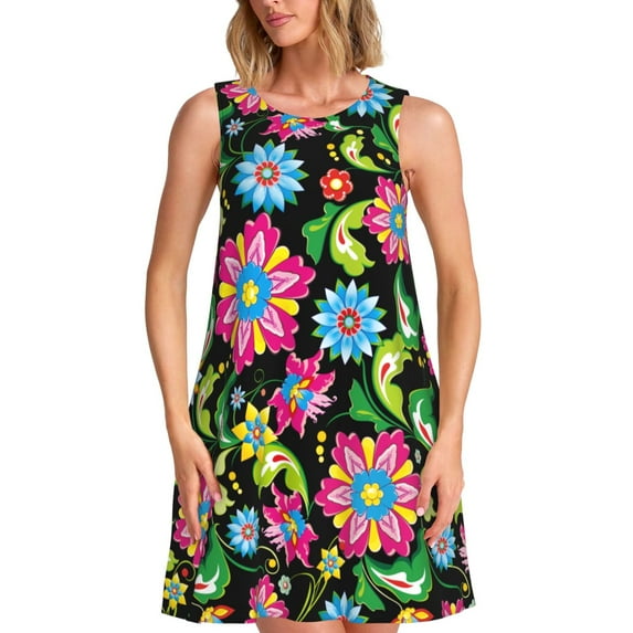 Wukai Vector Mexican Otomi Style Bright Print Women's Sleeveless Dress, Loose Fit Casual Dress for Women, Comfortable Sleeveless Summer Dress