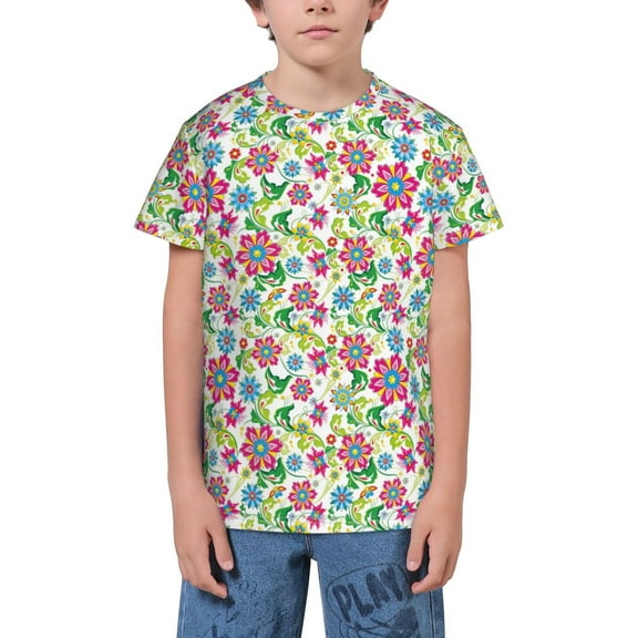 Wukai Vector Mexican Otomi Style Bright Youth Unisex Short Sleeve T-Shirt for Boys, Girls, Teens, and Kids-X-Small