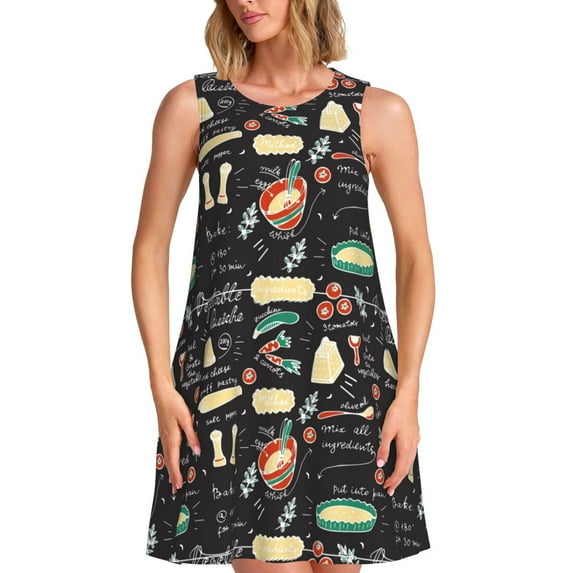 Wukai Vegetable Quiche Print Women's Sleeveless Dress, Loose Fit Casual Dress for Women, Comfortable Sleeveless Summer Dress