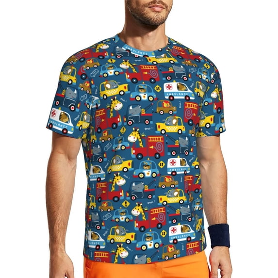 Wukai Vehicles Cartoon with Funny Drivers,Animal Drivers Print Men's Short-Sleeved Mesh T-Shirt,Quick-Dry Short Sleeve Workout T-Shirt-Medium