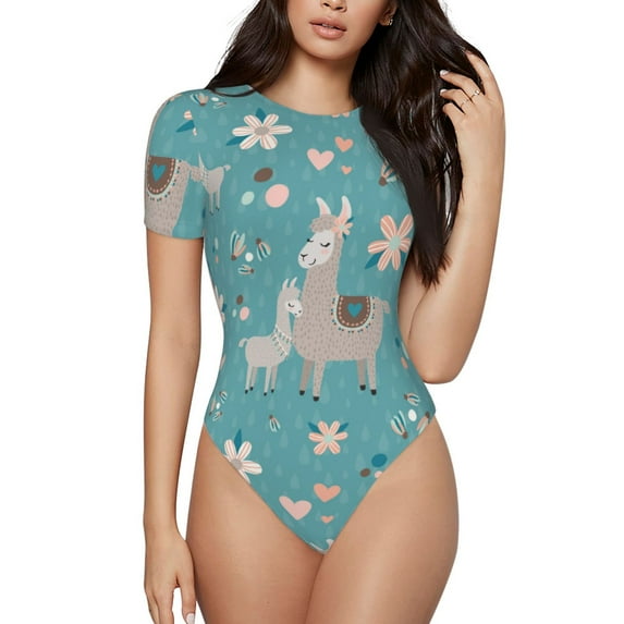Naloa Teal Mama Llama Women's Short-Sleeved Onesie, One-Piece Swimsuit for Parties, dates, clubs - Small