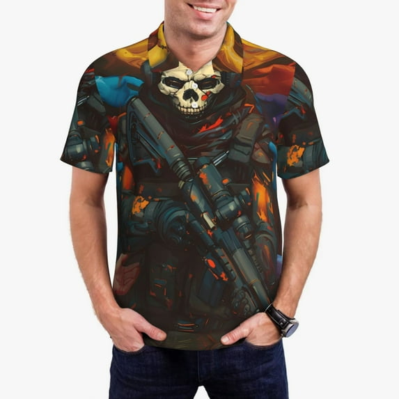 Wukai Vibrant Skull Soldier Men’s Polo Shirts Sleeve,Camisas Polo Para Hombre,True Classic Tees Men-Small