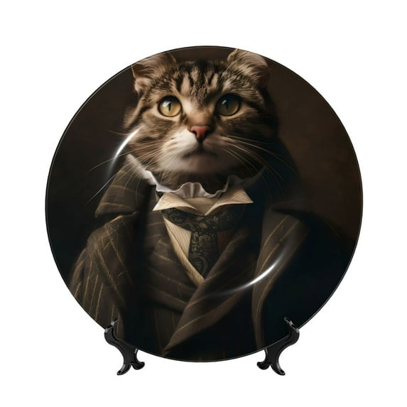 Wukai Victorian Gentle Cat Print Decorative Plate for Display,Bone China Decorative Plate, Ceramic Dinner Plate with Stand, Vertical Ceramic Plate-8in
