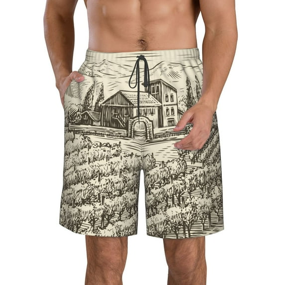 Wukai Vineyard Landscape Print Beach Trunks with Compression Liner Swimsuit Quick Dry Beach Sports Shorts with Pocket-XX-Large