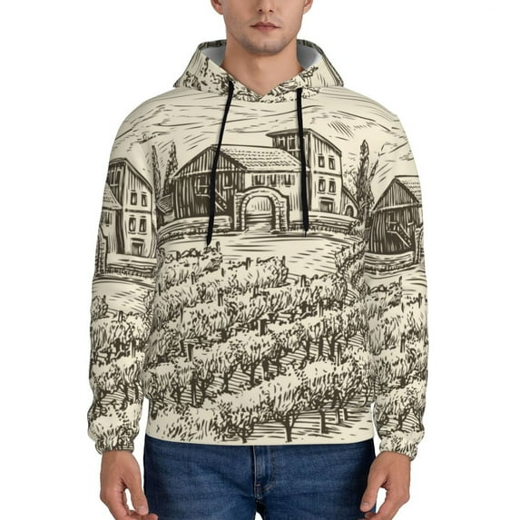 Wukai Vineyard Landscape Print Men Hoodies Fleece Sweatshirts Long Sleeve Sweaters Pullover Fall Outfits Winter Clothes-3X-Large