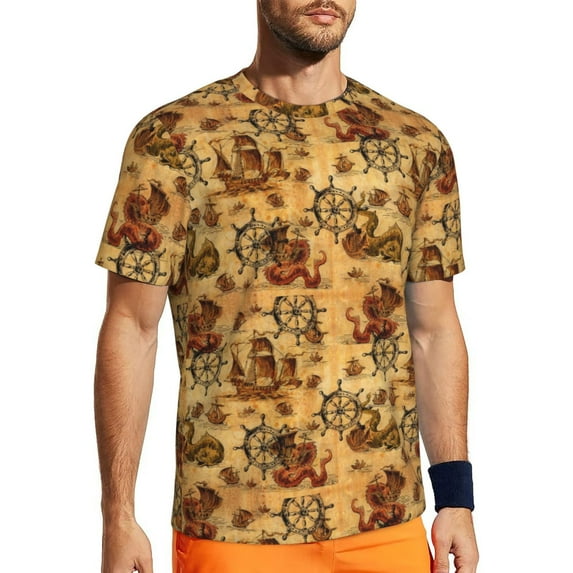 Wukai Vintag Ancient Sailboats Print Men's Short-Sleeved Mesh T-Shirt,Quick-Dry Short Sleeve Workout T-Shirt-6X-Large