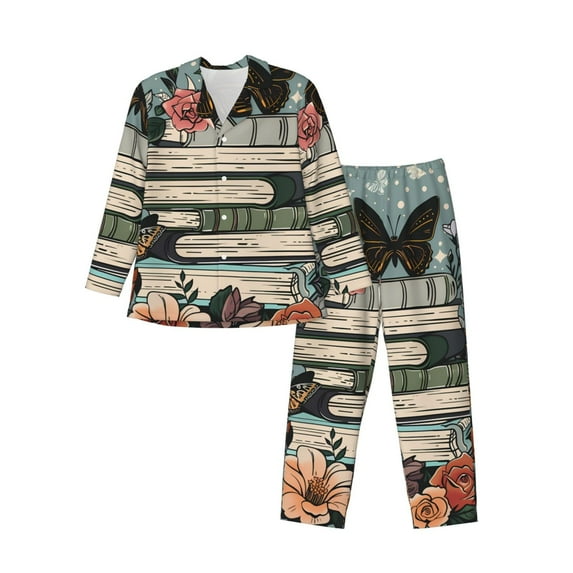 Wukai Vintage Art Butterfly Flower Men's Long-Sleeve Pajama Set - Comfortable Sleepwear with Button-Down Shirt and Pants-X-Large