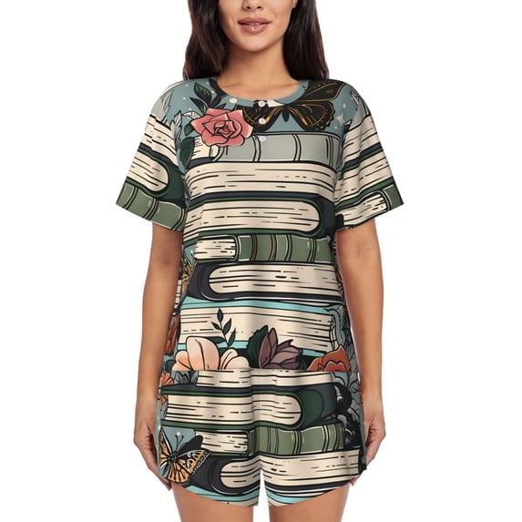 Wukai Vintage Art Butterfly Flower Print Women's Pajama Set - Short-Sleeve Top and Shorts with Elastic Waistband and Pockets for Loungewear, Yoga, and Casual Wear-X-Large