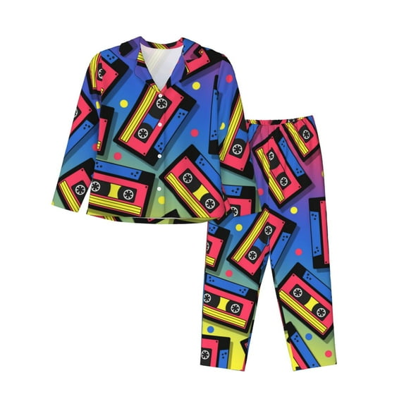 Wukai Vintage Audio Cassettes Print Women's Pajama Set,PJ Set,Lounge Sets For Women Soft Long Sleeve Sleepwear Comfort and Style-Medium