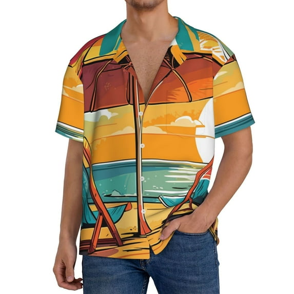 Wukai Vintage Beach Sunset Men's Casual Short-Sleeve Button Down Shirt,Cuban Shirts for Men,Mens Short Sleeve Dress Shirts-Large