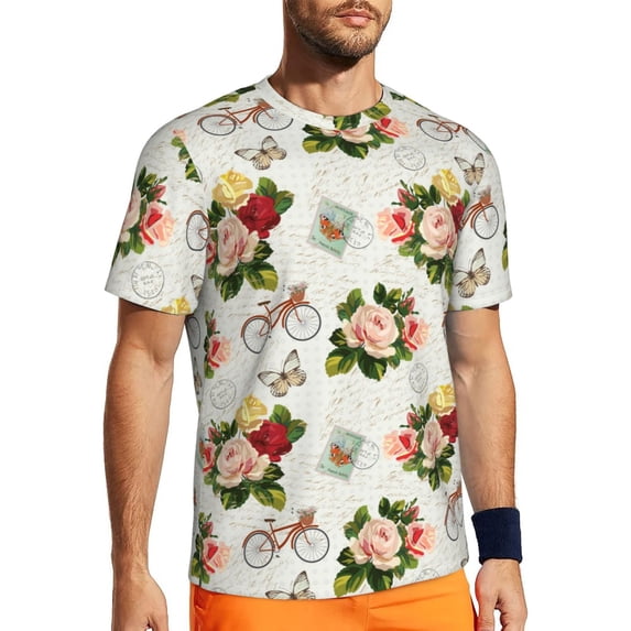 Wukai Vintage Bike Flower Butterfly Print Men's Short-Sleeved Mesh T-Shirt,Quick-Dry Short Sleeve Workout T-Shirt-Large