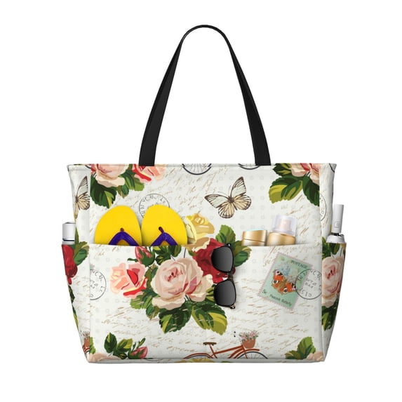 Wukai Vintage Bike Flower Butterfly Print Zipper Bag,large Beach Tote Bag,Waterproof Sandproof Bag,Grocery and Picnic Tote Travel Bag