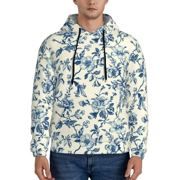 Wukai Vintage Blue Floral Print Men Hoodies Fleece Sweatshirts Long Sleeve Sweaters Pullover Fall Outfits Winter Clothes-XX-Large