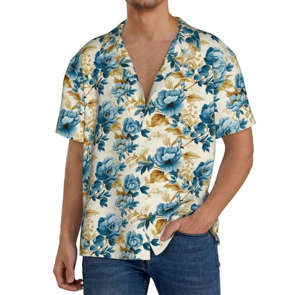 Wukai Vintage Blue Flowers Men's Casual Short-Sleeve Button Down Shirt,Cuban Shirts for Men,Mens Short Sleeve Dress Shirts-4X-Large