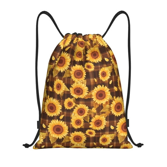 Wukai Vintage Brown Plaid Sunflower Drawstring Backpack Bag Sport Gym Sackpack Large Size String Backpack Cinch for Women Men-Small