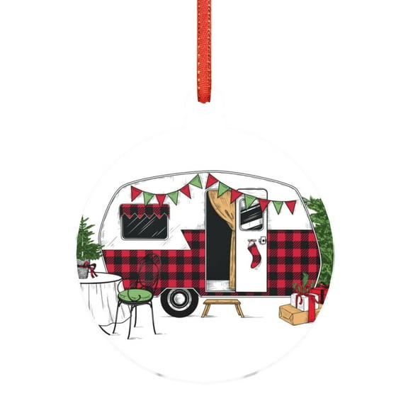 Wukai Vintage Buffalo Plaid Christmas Camper Print Acrylic Christmas Pendant Hanging Ornament Christmas Tree Decoration Funny Gift for Coworkers Or Family-Round Shape