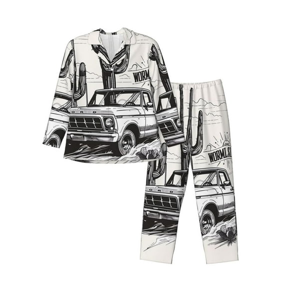 Wukai Vintage Cactus Pickup Men's Long Sleeve Pajama Set,Long Sleeve Mens Sleepwear with Pockets & Front Fly-Large