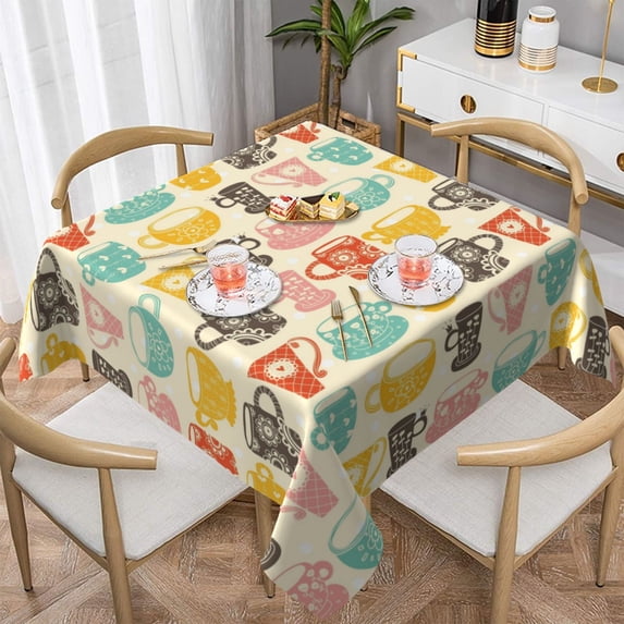 Wukai Vintage Cup Waterproof Tablecloth for Kitchen Dining, Fits Square Tables for 2-4 Seats -54"x54"