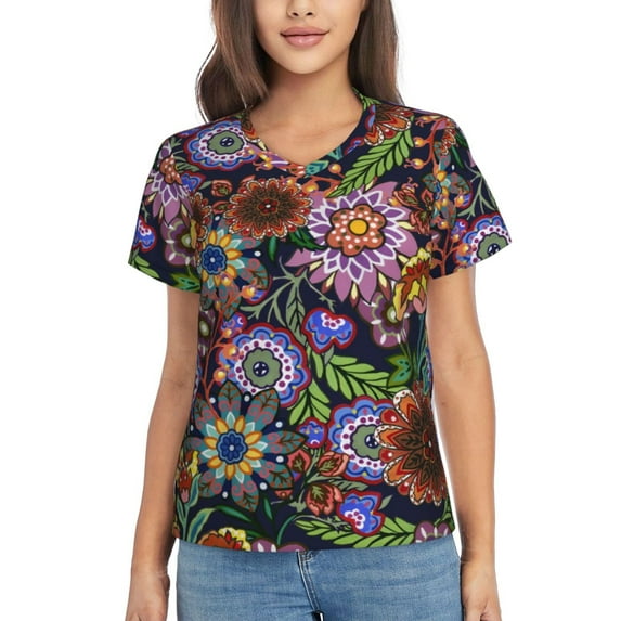 Wukai Vintage Floral Classic V-Neck T-Shirt for Women: Comfortable, Stylish, and Versatile Wardrobe Essential-Small