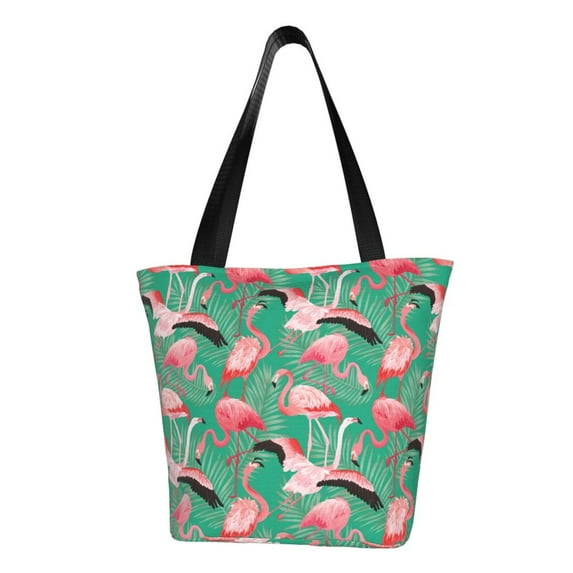 Vsdgher Tropical Flamingo print Reusable Shopping Grocery Bags for Women Shopping with Pouch Foldable Pouch Lightweight Polyester Fabric
