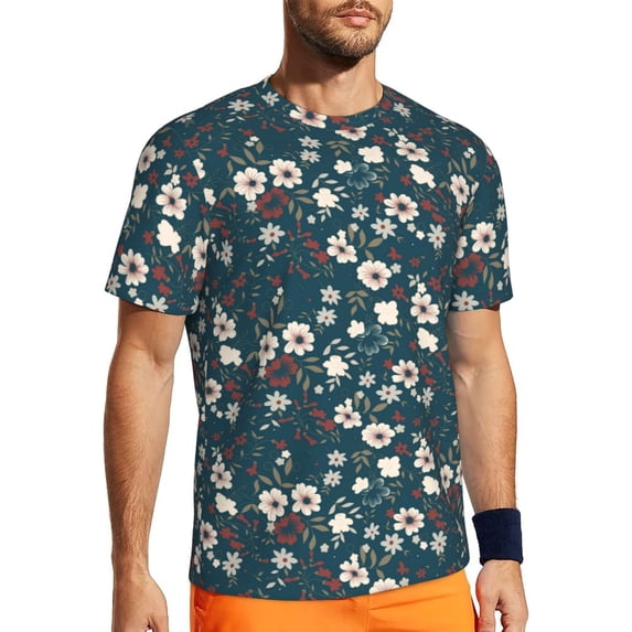 Wukai Vintage Floral Print Men's Short-Sleeved Mesh T-Shirt,Quick-Dry Short Sleeve Workout T-Shirt-Large