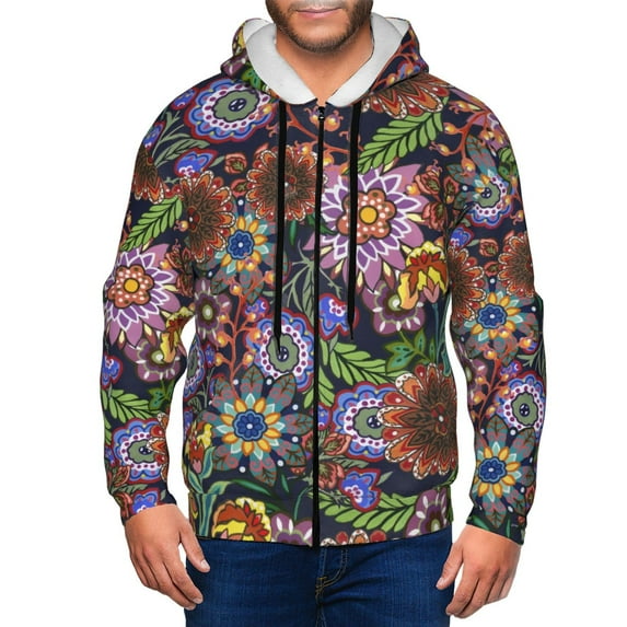 Wukai Vintage Floral Print Men's Zip-Up Hoodie,Fleece Full-Zip Hoodie for Men, Hooded Sweatshirt-Medium