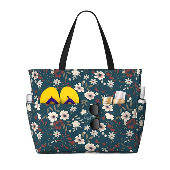 Wukai Vintage Floral Print Zipper Bag,large Beach Tote Bag,Waterproof Sandproof Bag,Grocery and Picnic Tote Travel Bag