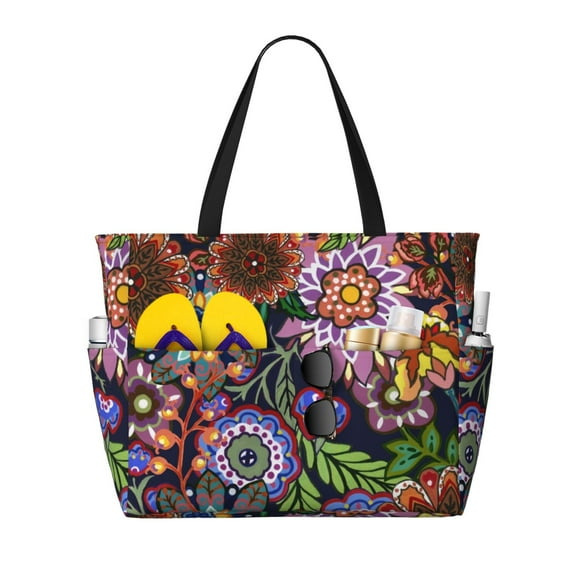 Wukai Vintage Floral Print Zipper Bag,large Beach Tote Bag,Waterproof Sandproof Bag,Grocery and Picnic Tote Travel Bag