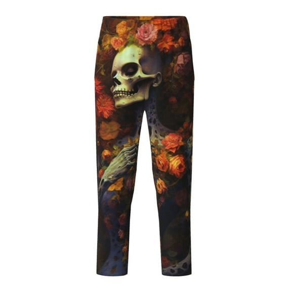 Wukai Vintage Floral Skull Print Teenagers' Pajama Pant Sleep Pajama Lounge Pant PJ Bottoms with Pockets and Button Fly(Available in Big & Tall)-Large