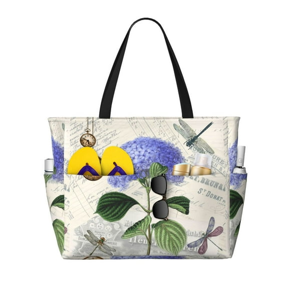 Wukai Vintage Flower Print Zipper Bag,large Beach Tote Bag,Waterproof Sandproof Bag,Grocery and Picnic Tote Travel Bag