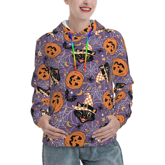 Wukai Vintage Halloween Black Cat Print Womens Hoodies Fleece Sweatshirts Long Sleeve Sweaters Pullover Fall Outfits Winter Clothes-Small