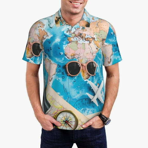 Wukai Vintage Map Travel Essentials Men’s Polo Shirts Sleeve,Camisas Polo Para Hombre,True Classic Tees Men-4X-Large