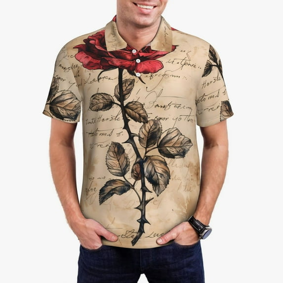 Wukai Vintage Rose Botanical Art Men’s Polo Shirts Sleeve,Camisas Polo Para Hombre,True Classic Tees Men-Medium