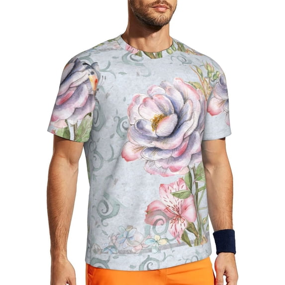 Wukai Vintage Rose Print Men's Short-Sleeved Mesh T-Shirt,Quick-Dry Short Sleeve Workout T-Shirt-Medium