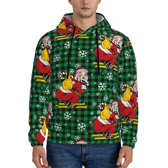 Wukai Vintage Santa Skiing Green Plaid Print Men Hoodies Fleece Sweatshirts Long Sleeve Sweaters Pullover Fall Outfits Winter Clothes-Small