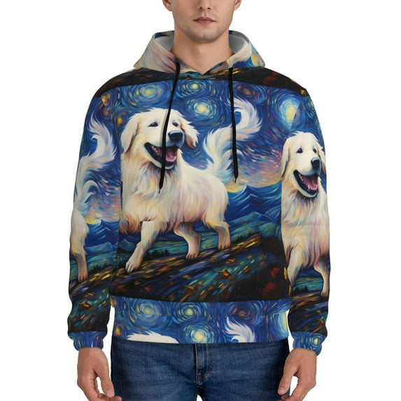 Wukai Vintage Starry Sky Puppy Print Men Hoodies Fleece Sweatshirts Long Sleeve Sweaters Pullover Fall Outfits Winter Clothes-3X-Large