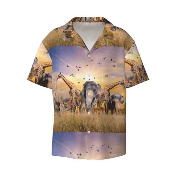 Wukai Vintage Wildlife Protection Men's Casual Short-Sleeve Button Down Shirt - Lightweight Summer Dress Shirt for Daily Wear-Medium
