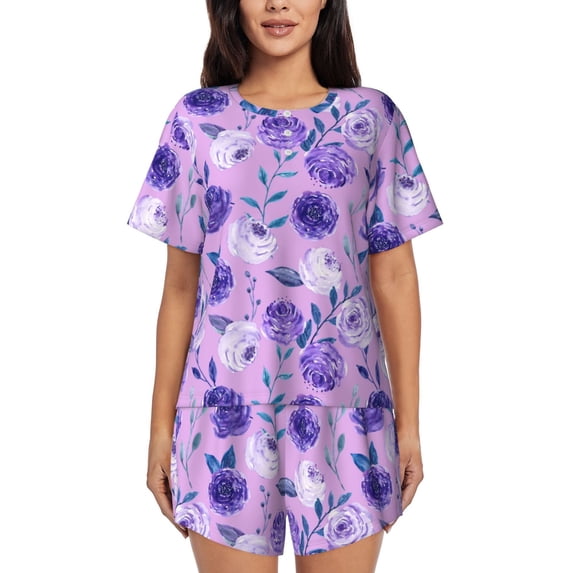 Wukai Violet Women's Pajama Set,Short-Sleeve Top and Shorts with Elastic Waistband and Pockets for Loungewear, Yoga, and Casual Wear-4X-Large