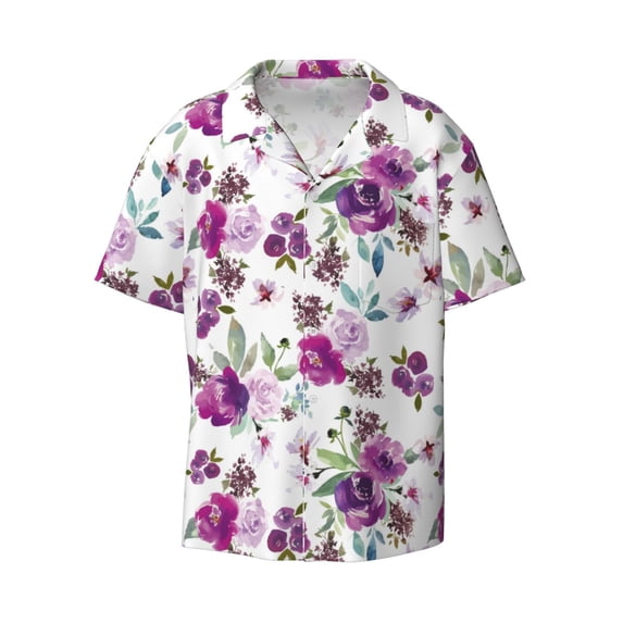 Wukai Violets Flowers Men's Casual Short-Sleeve Button Down Shirt - Lightweight Summer Dress Shirt for Daily Wear-Medium