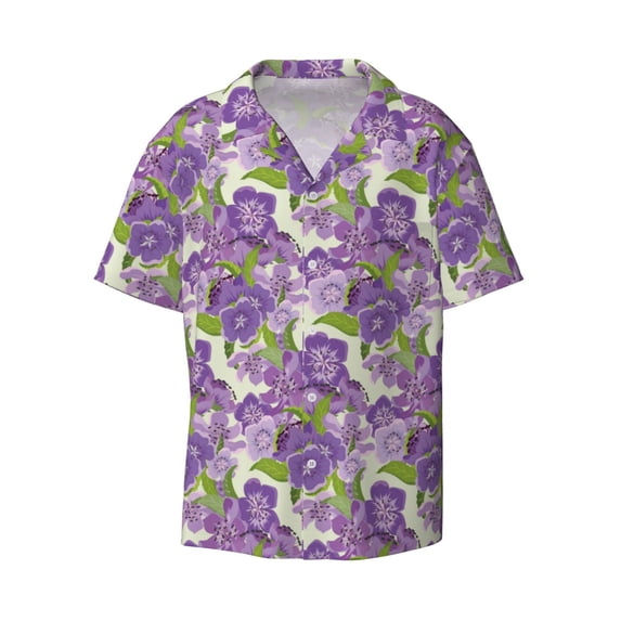 Wukai Violets Flowers Men's Casual Short-Sleeve Button Down Shirt - Lightweight Summer Dress Shirt for Daily Wear-