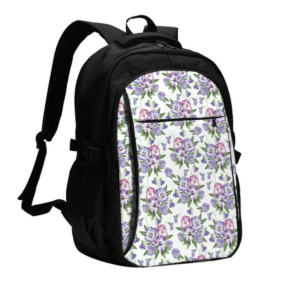 Wukai Violets Flowers Travel Laptop Backpack: Business Water-Resistant Bag with USB Charging Port, Ideal College Backpack for Men & Women