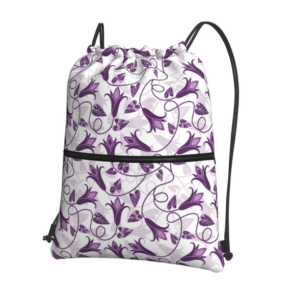 Wukai Violets Flowers Waterproof Drawstring Backpack with Zipper Pocket,Large Foldable Gym Bag for Women and Men, Perfect for Sports, Yoga, and Travel